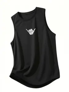 Men's "Skeleton Shaka" Sleeveless Tank Top, Sleeveless Sports Vest - White Skeleton Hand Shaka Gesture Print, Curved Hem Athletic Fit, Perfect for Gym Training, Surf Culture Outfits, Casual Daily Wear, Skate Statement Tank, Activewear