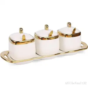 Sugar Bowl with Lid and Spoon,Ceramic Condiment Jars  Container with Tray,Salt and Sugar Containers, Condiment Canisters Pots Seasoning Box Set of 3 for Kitchen Coffee Bar,WhiteAAVibeVault32