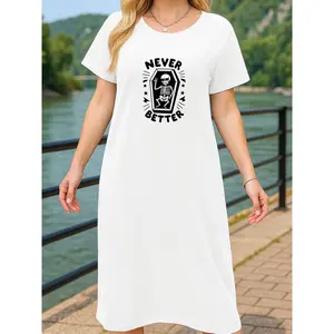 Women's Round Neck Black White Red Casual T-shirt Dress Sunglasses Skull Printed Knit Fabric Comfortable Elegant Summer Home Pajamas Nightgowns Robes Gift for Wives Mothers Homewear Feminine