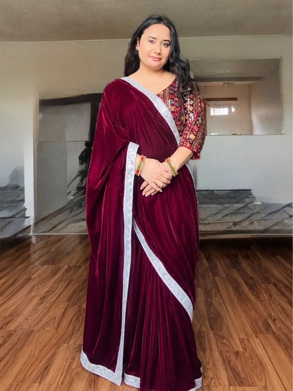 Women's Heavy Maroon Velvet Saree & Rajasthani Stitched Blouse Combo Set (Size 40) - Includes Free Dhaka Pouch, Saree Broch, Lady-Focused Suits, Stylish Clothes