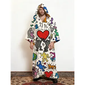 Men's Winter Hooded Kaftan Robe - Colorful Art Print Bohemian Long Sleeve Loungewear, Fleece Lined Thermal House Coat with Pockets, Soft Indoor Outdoor Robe for Artists & Creative Spirits