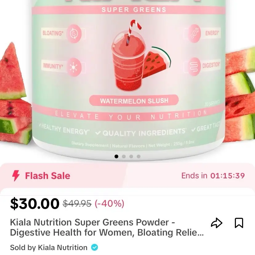 Kiala Nutrition Super Greens, Organic Greens Powder with Spirulina & Chlorella for Digestion, Gut Health, Immunity & Energy, Gluten Free, Vegan, Daily Support for Women, Watermelon Slush, 30 Servings