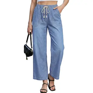 Wide Leg Jeans for Women Trendy High Waisted Pull On Elastic Waist Drawstring Ankle Length Denim Trouser Pants