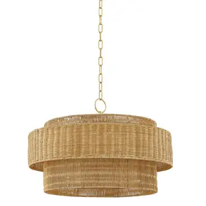Coastal Danica Pendant Light with 2 Wicker Drum Shades and Aged Brass Suspension Chain