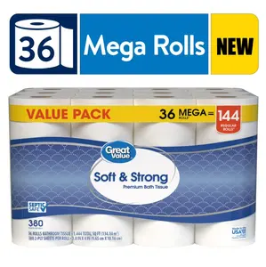 Great Value Soft & Strong Premium Toilet Paper, 36 Mega Rolls, 380 Sheets per Roll