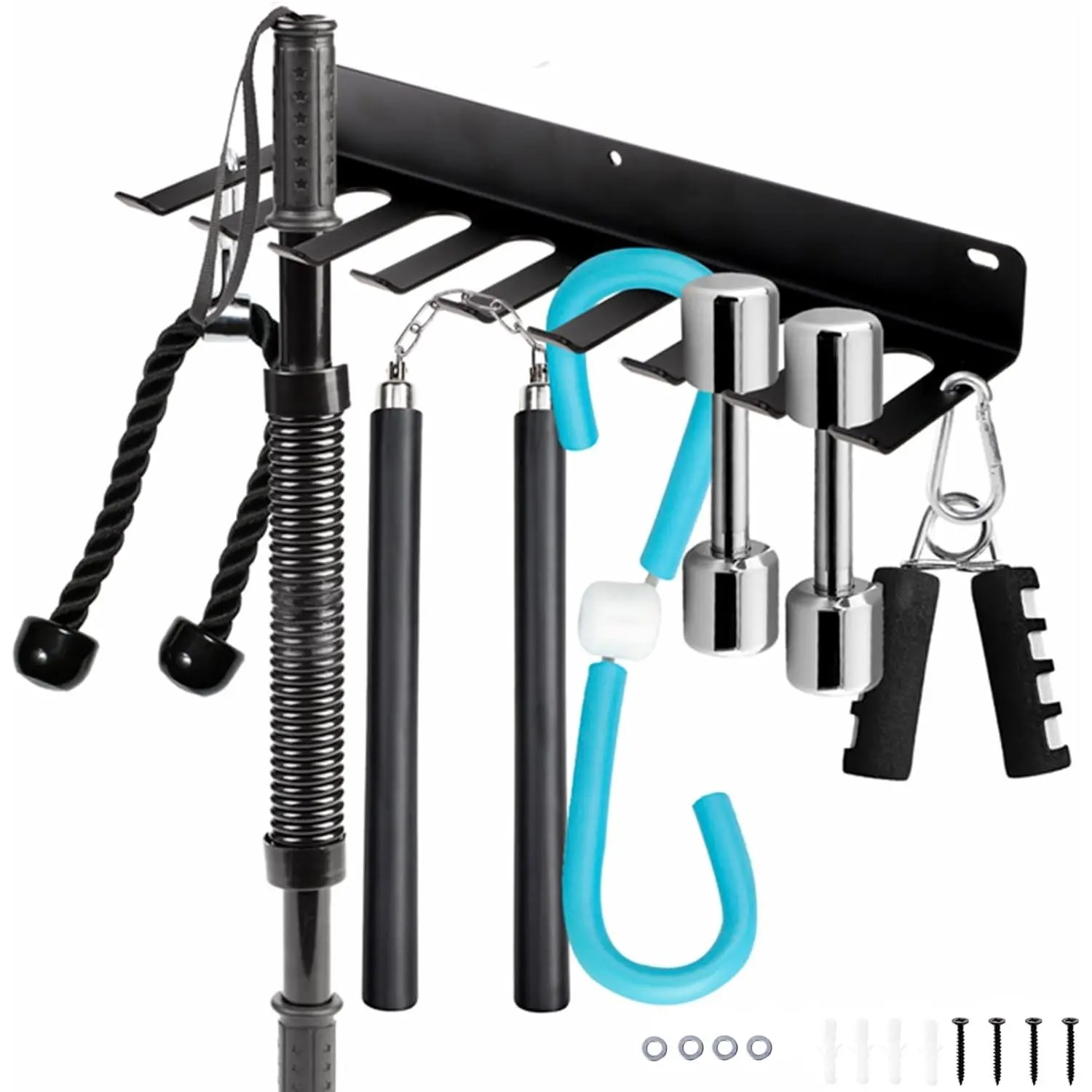 9 Hook Home Gym Storage Rack Wall Mount, Fitness Equipment Organizer, Metal Gym Accessory Hanger for Exercise Bands, Jump Ropes, Barbells, Lifting Belts