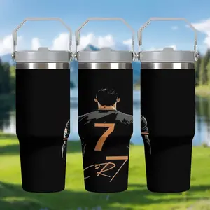 1pc 30oz stainless steel insulated coffee mug, with its "black and gold attire, an everlasting legend," features a foldable handle and straw,It keeps coffee hot or cold, making it suitable for gyms, outdoor camping,and hiking, Insulated Travel Drinkware