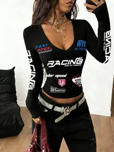 Women's Black V-Neck Long Sleeve Racing Geometric Graphic T-Shirt, Y2K Inspired Racer Style Streetwear, Perfect for Clubbing, Concerts, and Trendy Night Outfits Womenswear