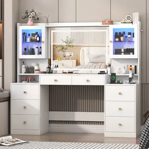 LED Makeup Vanity Desk with Mirror & RGB Glass Cabinets, Large Vanity Table with Drawers and Charging Station