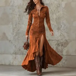 Womens Vintage Western Madi Dresses Suede V Neck Button Down Long Sleeve Maxi Dress High Waist Pleated Split Fishtail Hem Party Dress