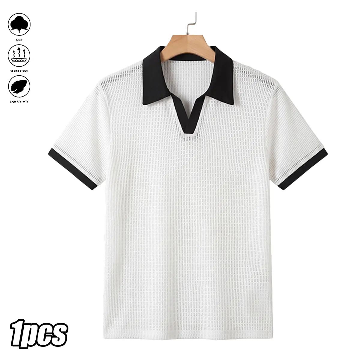 Men's Short-Sleeve Knit Polo Shirt - Menswear Top, Stylish Retro Colorblock, Classic Polo Collar, Hollow Knit Fine Mesh, Rich Texture, Slim Fit for Versatile Body Types, Casual Daily Wear, Breathable Polyester Fabric, Jeans-Friendly