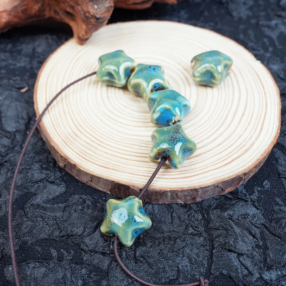 LUMAWU Handmade Porcelain Decorative Beads - 10 Pcs Star-Shaped, Floral Blue Glaze, DIY Beading Accessories, Floral & Blue Star & Handmade Bead Assortments for Crafts, Diy Bead Art, Beaded Necklace Diy