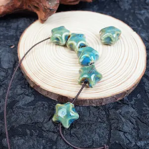 LUMAWU Handmade DIY Porcelain Jewelry Beads - 10 Pcs, Unique Star Shape, Floral Blue Glaze Tone