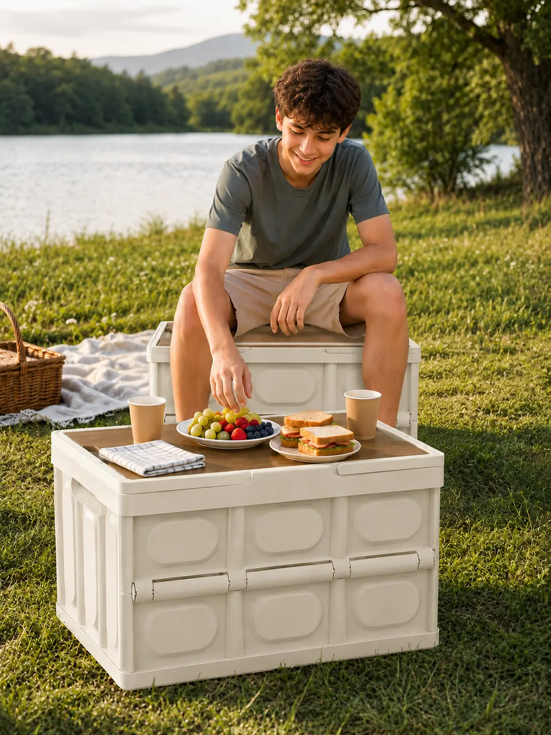 MeToMe Lidded Home Storage Bins 30L/7.9Gal Collapsible Camping Box, Food Storage for Camping, Stackable with Handles & Wooden Lid for Home Organizing