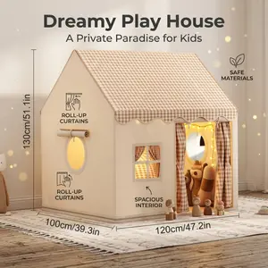 Children's indoor play tent, cottage playhouse, with curtains, checkered tent, suitable for children, ideal for decorating bedrooms and nurseries.
