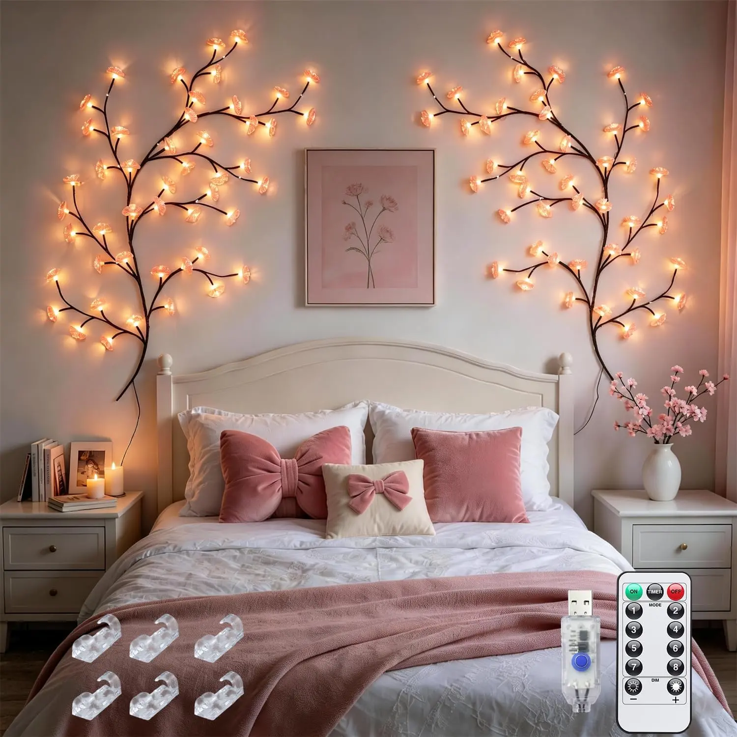 JMEXSUSS 4FT 48LED Cherry Blossom Lights, Pink Sakura Willow Vine for Bedroom Wall Decor,DIY Aesthetic Room Decor, Easy Hanging Flower Lights for Girl Room Wedding Party, USB Powered,Hooks Included