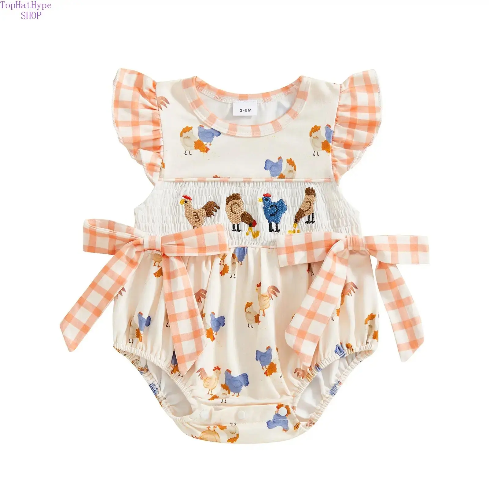 Newborn Baby Girl Western Country Farm-Themed Bubble Romper Set - Chicken Print Smocked Plaid Ruffled Printed Bodysuit with Bow Belt, Soft Lightweight Summer Newborn Outfits Set for Daily Wear, Farm Parties, Printed Bodysuit Set