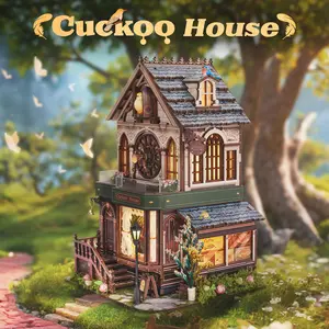 FUNPOLA LED Cuckoo Clock 3D Wooden Puzzle - DIY Mechanical Miniature with Cuckoo Sound - Vintage Style Home Decor-Mother's Day Gift
