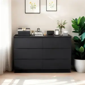 6 Drawer Black Dresser, Modern Bedroom Dresser with Spacious Countertop, Wood Storage Cabinet with Concealed Handles & 6 Deep Drawers for Bedroom, Living Room, Entryway, 15.7" D x 47.2" W x 30.9" H