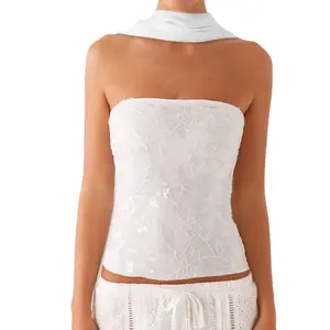 Women Crop Tube Tops and Scarf Summer Sequin Floral Embroidery Bandeau Backless Shirts for Streetwear Casual Fashion