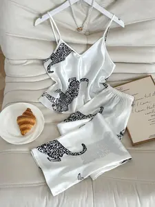 Fashion Leopard Print Halter Top Long Pants Set, Simulated Silk Homeewear Loungewear Sleepwear Set, 2 Piece Set for Women Pajama