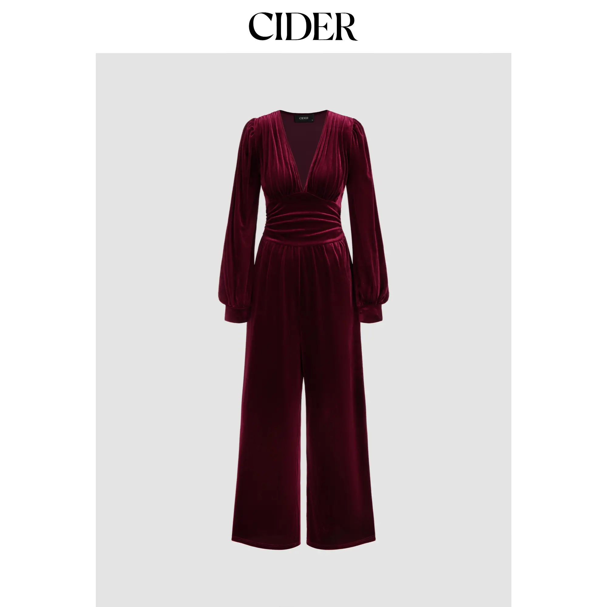 Cider Velvet V-neck Solid Ruched Pocket Wide Leg Jumpsuit