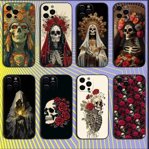 Santa Muerte Pattern Casing for iPhone 17/16/15/14/13/12/11 Pro Max Plus, Shockproof Anti-Drop Double-Layer TPU-PC Cellphone Cover, Scratch-Resistant Soft Black Handheld Device Accessory with Sensitive Control & Wireless Charging Protection