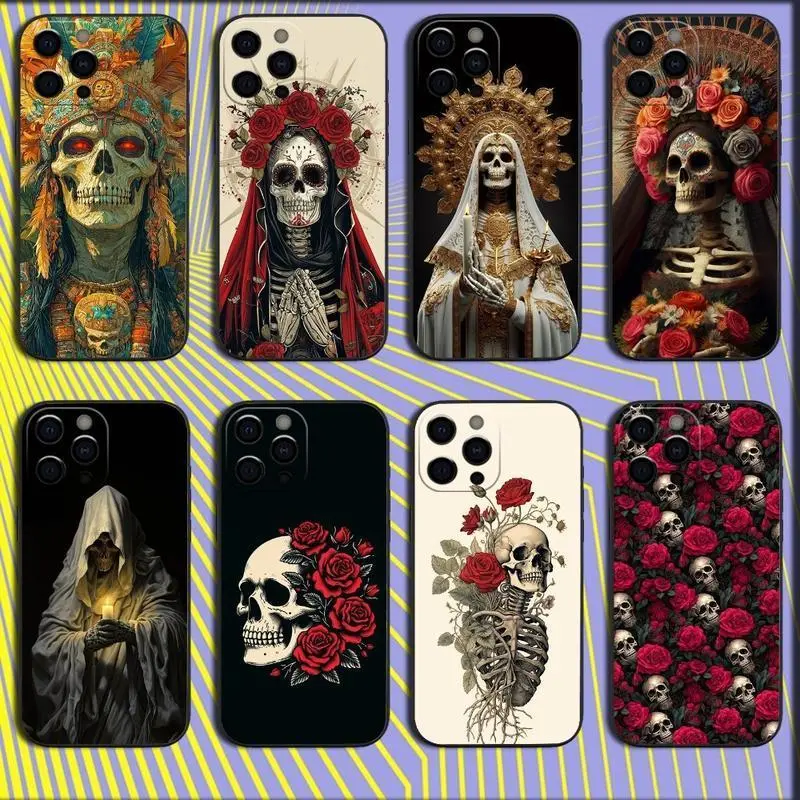 Santa Muerte Pattern Casing for iPhone 17/16/15/14/13/12/11 Pro Max Plus, Shockproof Anti-Drop Double-Layer TPU-PC Cellphone Cover, Scratch-Resistant Soft Black Handheld Device Accessory with Sensitive Control & Wireless Charging Protection