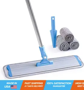 Commercial Flat Microfiber Floor Mop Cleaning System 18' Inch Wet Dry and Dust Hardwood with 4 Washable Pads Cleaner for Laminate Tile Stainless Steel Handle and Extension (Blue)