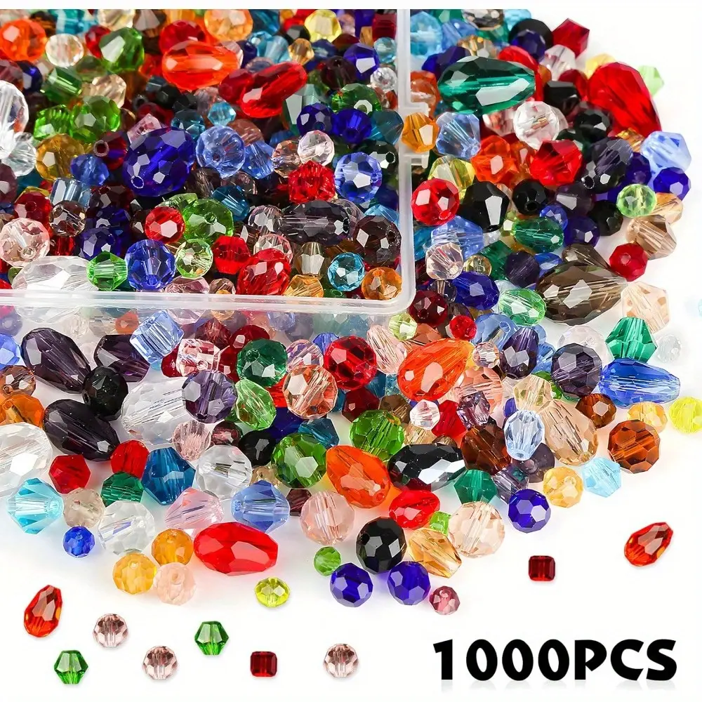 1000 Pieces Crystal Beads for Jewelry Making,Assorted Faceted Glass Bicone Cube Beads Bulk Rondelle Spacer for DIY Crafts Bracelets Necklace Pendants Making Supplies