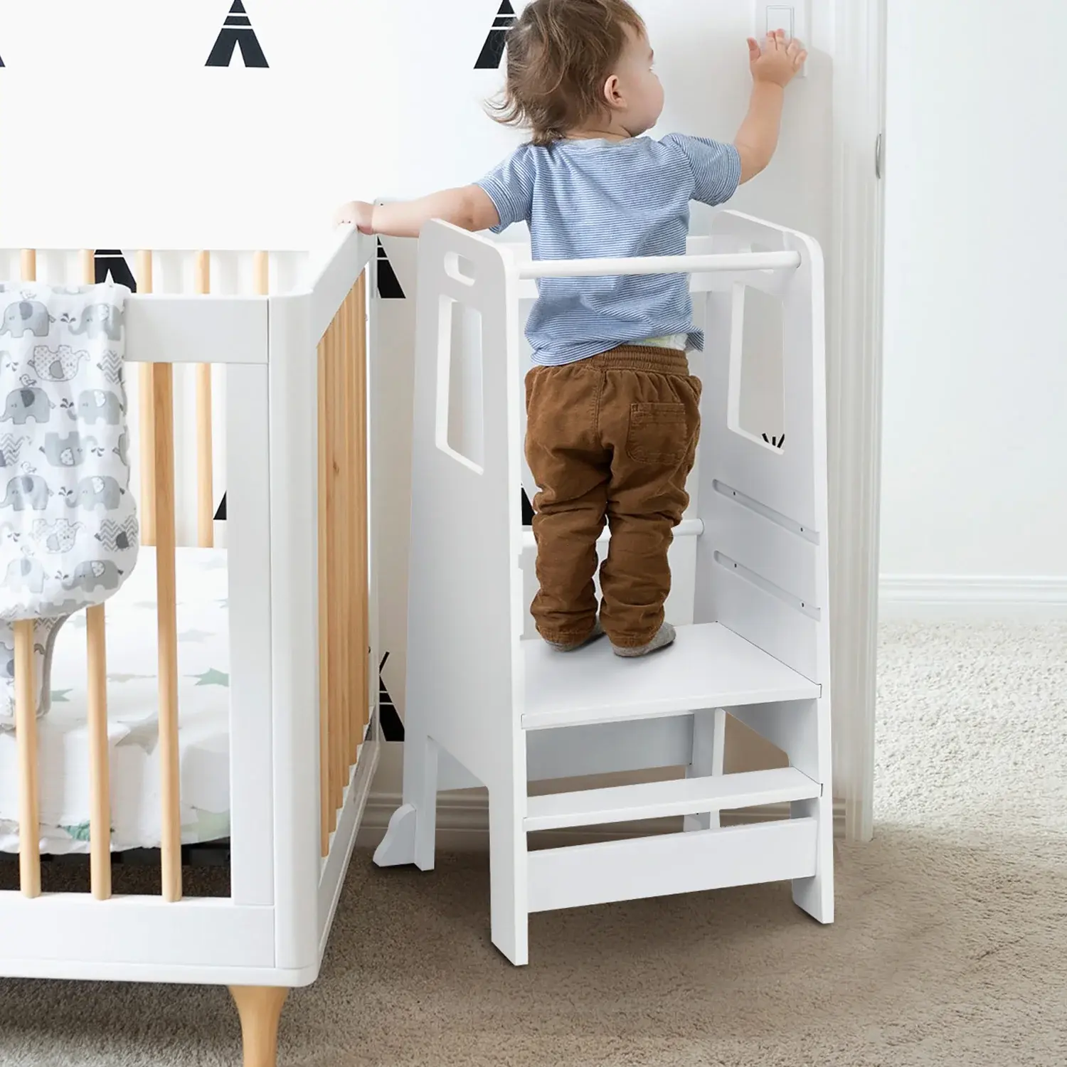 Wooden Kids Step Stool - Adjustable Kitchen Tower for Toddlers with 2 Heights Footrest, Children of Varying Ages Step Chairs & Stools, Requires Assembly for Home Use