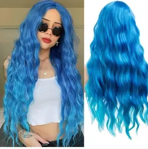 Blue Wig - Long 26 Inch Wavy Ombre Blue Synthetic Wig with Middle Part Natural Curly Heat Resistant Fiber for Daily Party Use