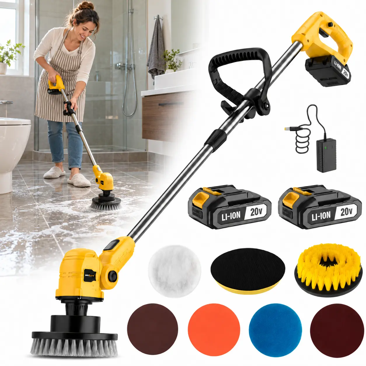20V Cordless Electric Floor Scrubber, Rechargeable Power Cleaning Brush with Extendable Pole, Adjustable Head and Interchangeable Brush Attachments for Tile Floors, Grout, Bathroom, Kitchen and Patio toolupgrade