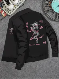 Men's Dragon Print Zip Up Bomber Jacket, Regular Fit Casual Fashion Comfy Baseball Collar Outerwear for Daily Outdoor Wear, Men Clothing for Spring Fall, Coats