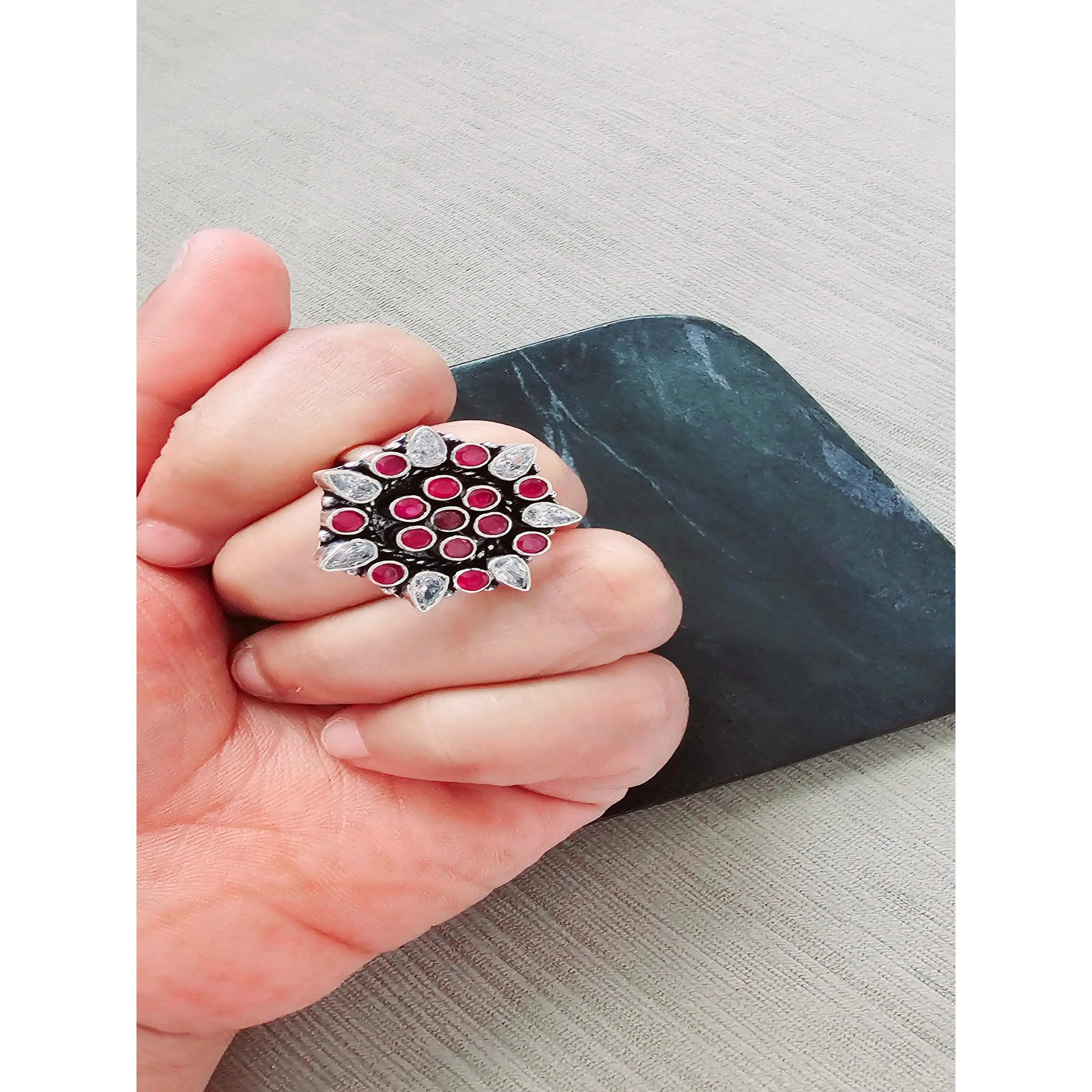 Red And White Adjustable Cocktail Ring