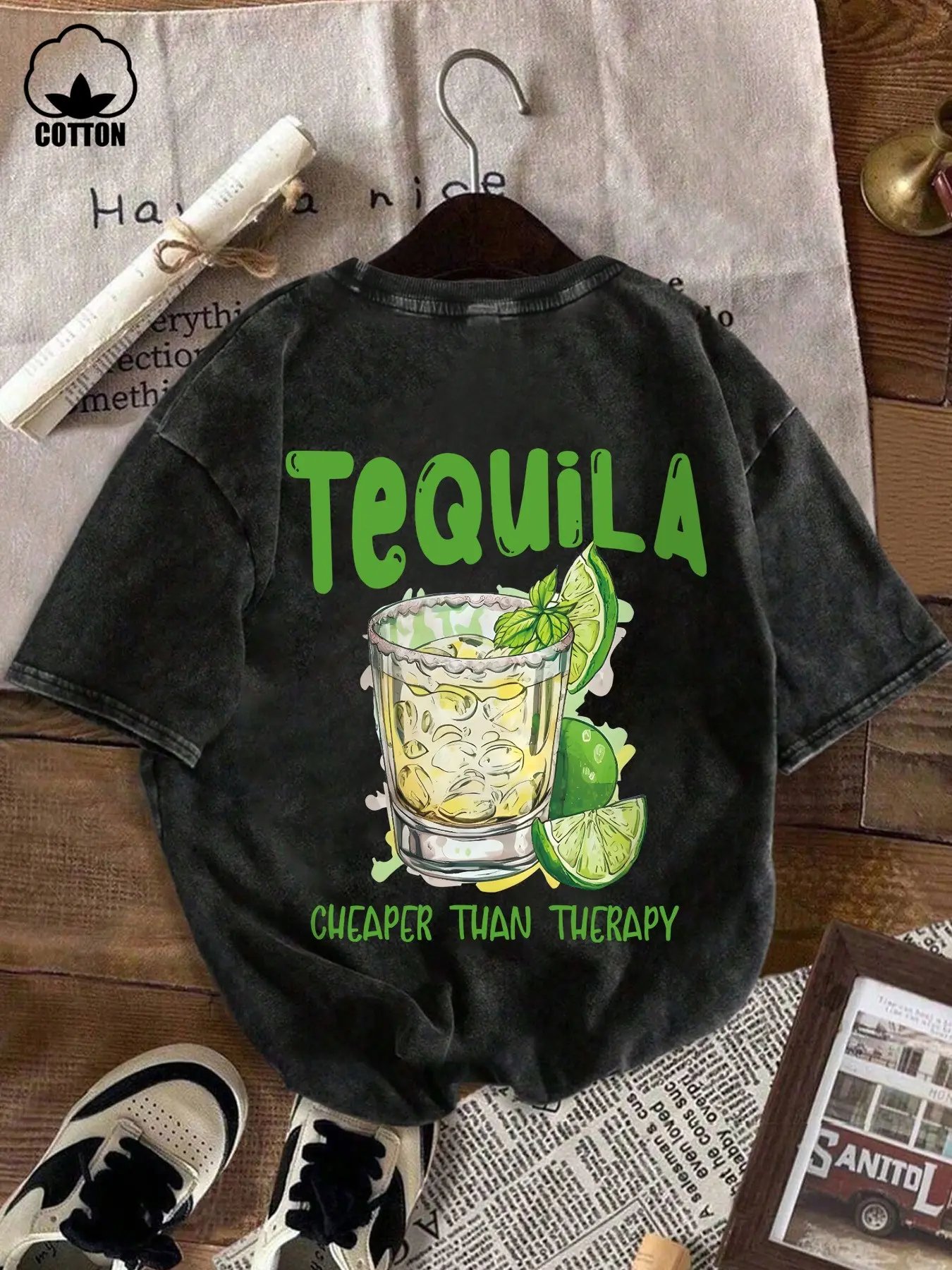 Men's Cocktail Aesthetic Short Sleeve Round Neck T-Shirt, Breathable Cotton Fabric Graphic Tequila & Lime Print, Casual Streetwear Fitted Top for Daily Wear and Parties