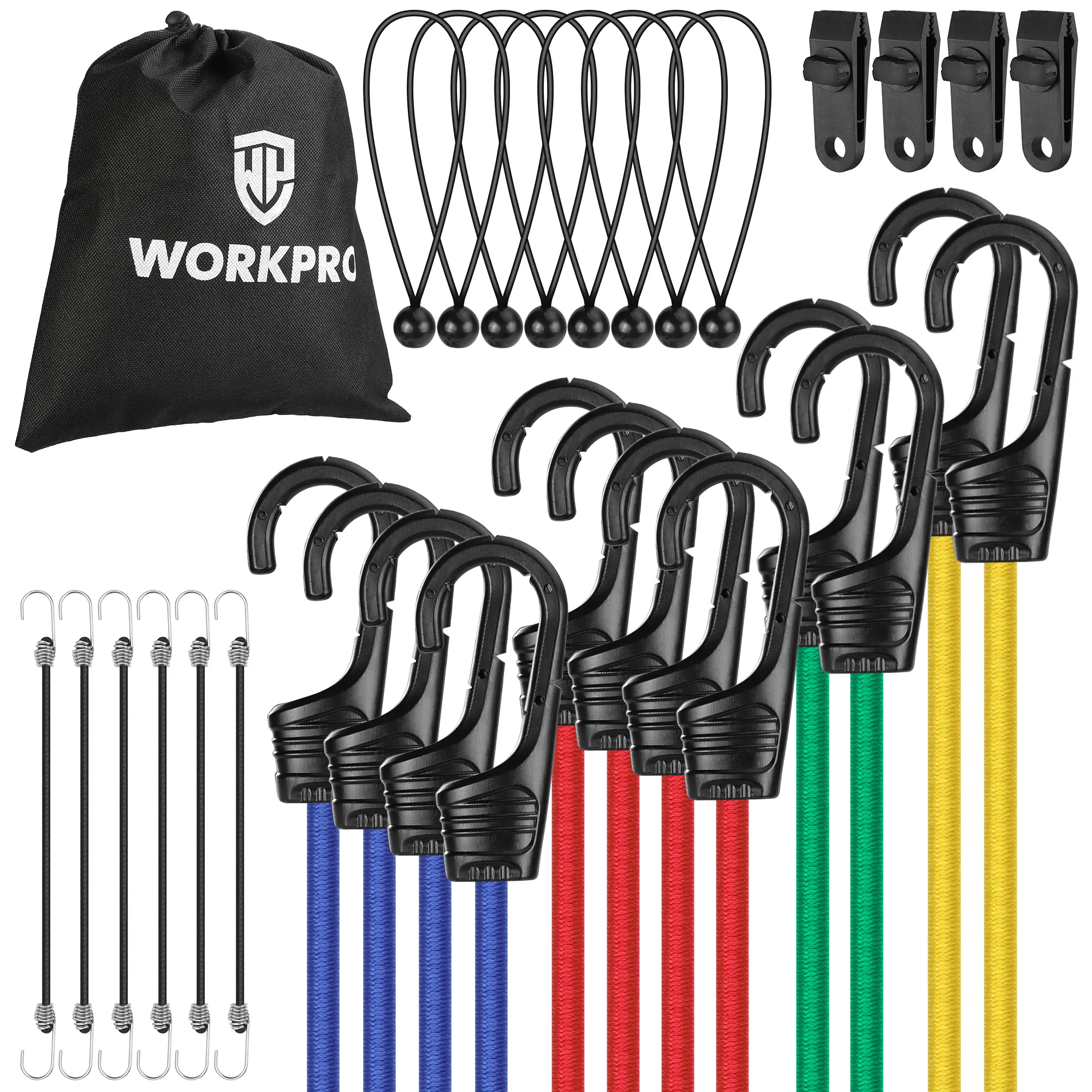 WORKPRO Bungee Cords with Hooks, Superior Rubber Heavy Duty Bungee Straps Strong Elastic Rope for Outdoor Tent, Luggage Rack, Camping, Cargo, RV, Bike, Transporting, Storage