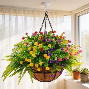Artificial Fake Hanging Plants Flowers Basket for Outdoor Spring Summer Decorarion, UV Resistant Faux Rose Eucalyptus Boston Ferns Plants for Indoor Outside Garden Porch Patio Balcony Decor
