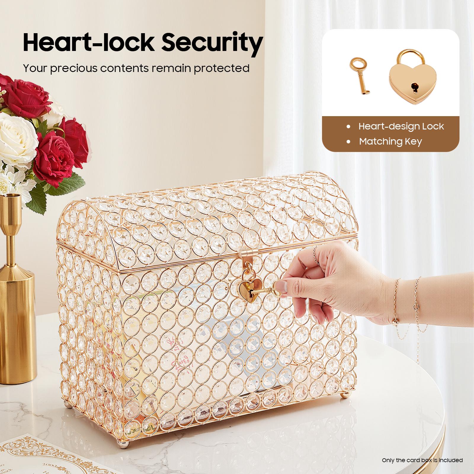 Clear Gold Lockable Wedding Card Box with Key for Invitations Greeting Cards Cash Tips Honeymoon Fund Donation Piggy Bank Home Office Party Ornaments