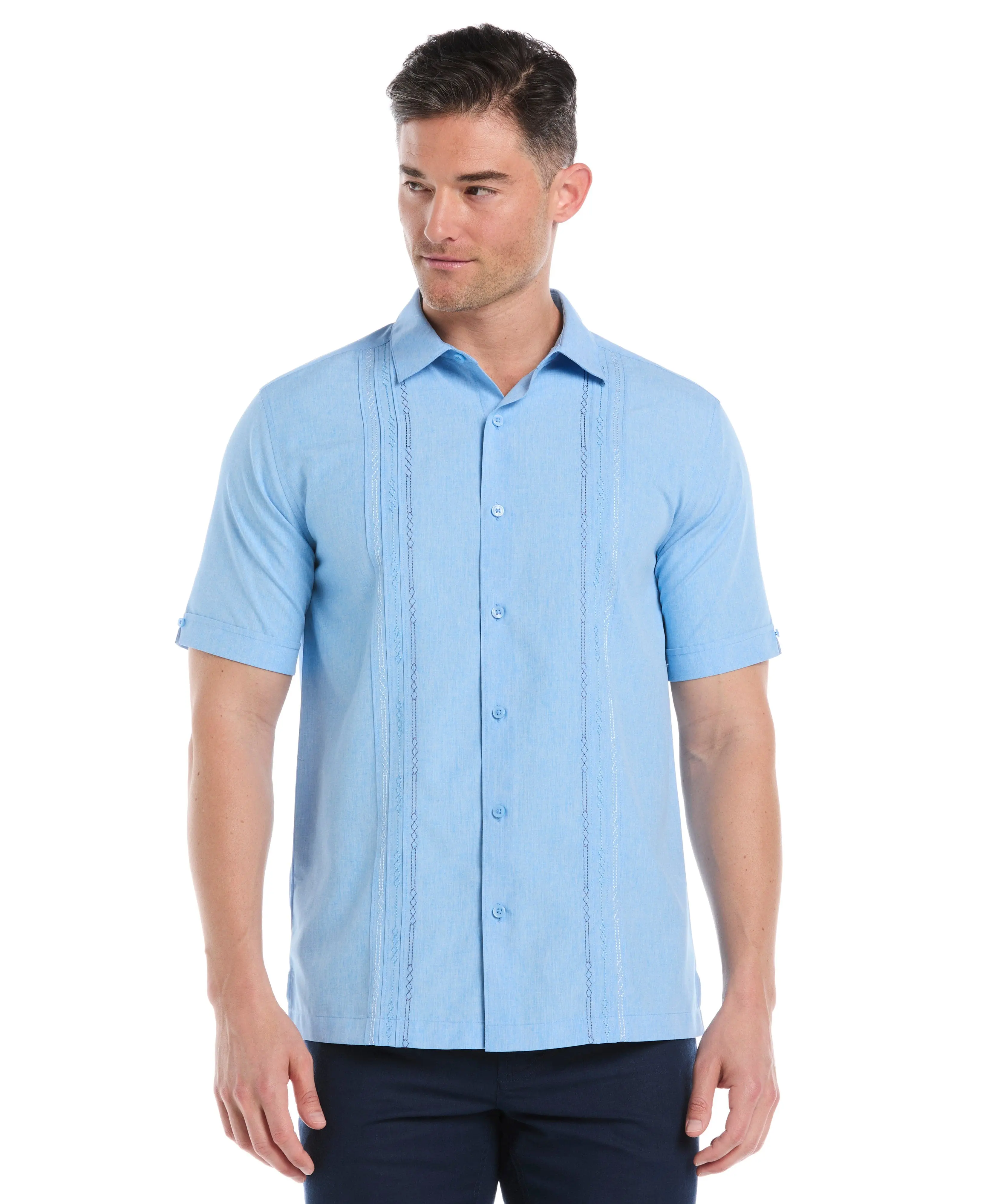 Men's Short Sleeve Casual Button-Up Shirt - Soft Polyester Tops, Menswear with Stylish Geo Embroidery Panel, Easy Care