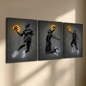 3 Pcs/Set Wooden-Framed Canvas Painting, Neon Basketball Legends Triptych Canvas Wall Art, Grunge Style Print for Living Room, Bedroom, Office Decoration, Modern Home Decor, Fashion Artistic Ornaments, Artwork