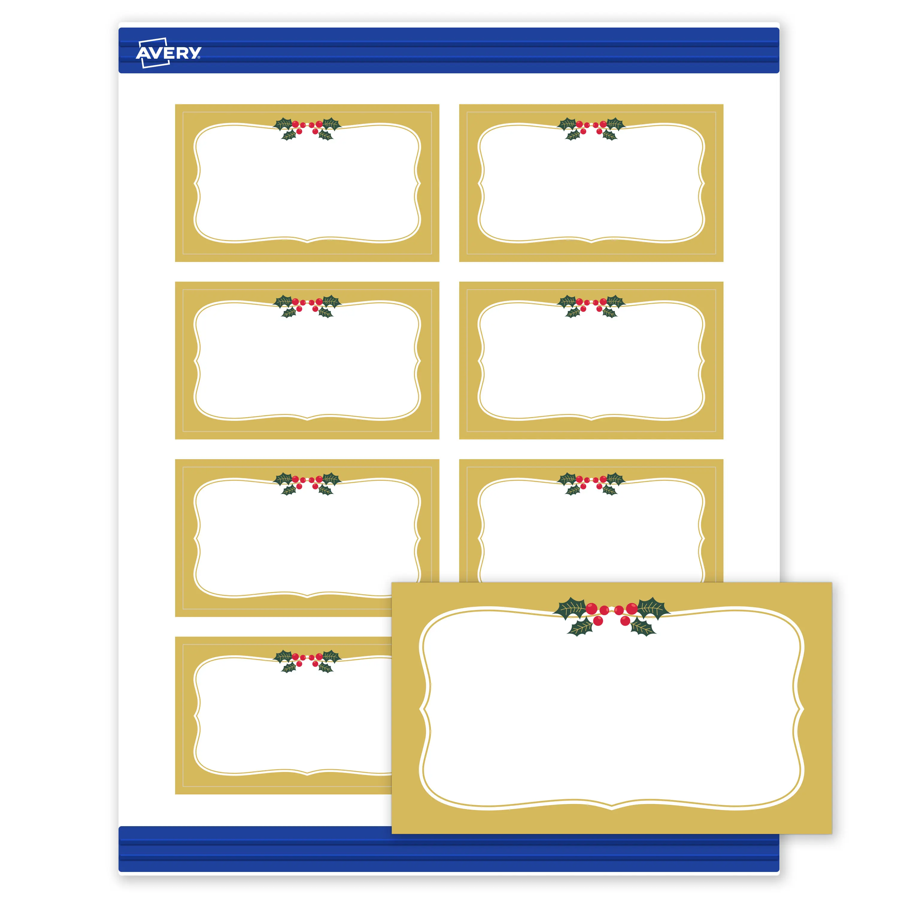 Avery® Printable Christmas Rectangle Business Cards, 2" x 3.5", Matte White, Pre-printed Metallic Gold Frame/Holly Berries Design, Sure Feed® Technology, Laser & Inkjet Compatible, 160 Total