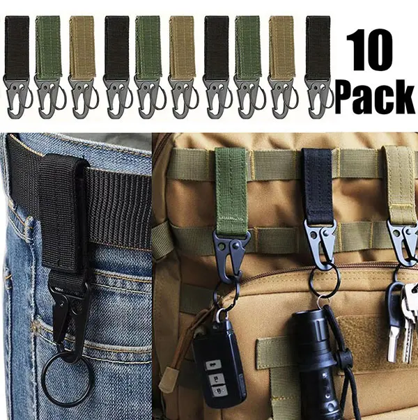 10Pack Tactical Gear Clip Key Ring Chain Keychain Belt Keeper Clip Key Holder,MOLLE Strap Key Clip Organizer,Nylon Key Ring Holder Belt Keeper Hanger Carabiner Molle Hook(3Colors)