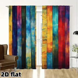 2D flat 2-piece set of colorful watercolor rainbow curtains, abstract art design pole pocket style semi blackout polyester fabric Bohemian living room decoration bedroom window decoration kitchen balcony curtains art home decoration Home Textile