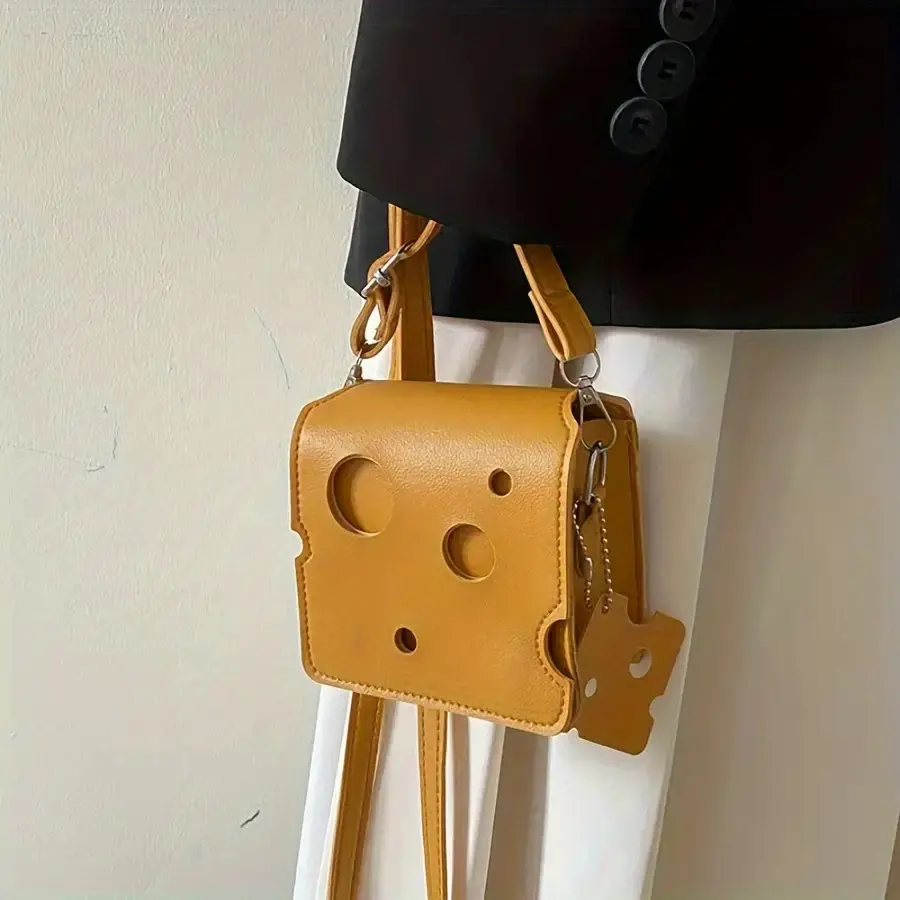 Women's cheese style crossbody bag - yellow synthetic PU leather chain handbag, cute cheese hole design, suitable for daily, party, casual outfit - small women's handbag, women's bag, party accessories, fun items