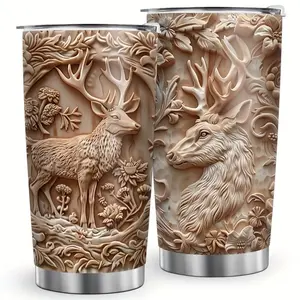 1pc 20oz Stainless Steel Coffee Mug with Wood Grain Deer Design  Vacuum Insulated Reusable Perfect for All Beverages  Gifts Drinkware Flasks Water Bottled water bottle for women yeti coolers