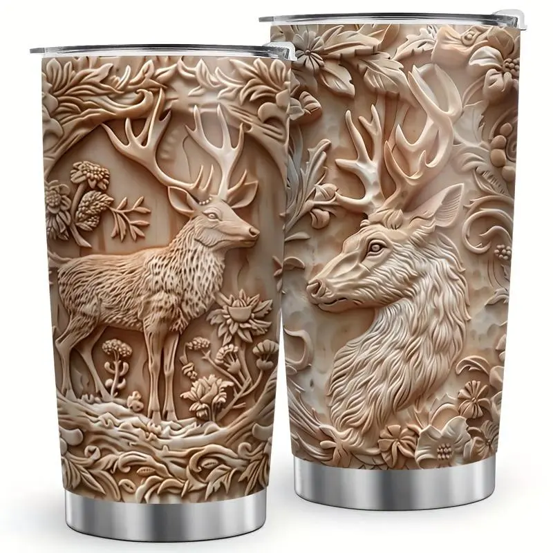Women's 1pc 20oz (500-1000ml) Stainless Steel Vacuum-Insulated Portable Water Bottle with Lid, Wood-Grain Deer Design Reusable Drinkware, Yeti Cooler-Compatible Gift Flask for All Beverages