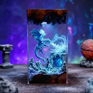 3D Ice Dragon Resin Sculpture Frozen Castle Diorama Fantasy Wood Resin Block Home Decor Gothic Art Piece Desk Shelf Decoration Unique Gift for Dragon Lovers