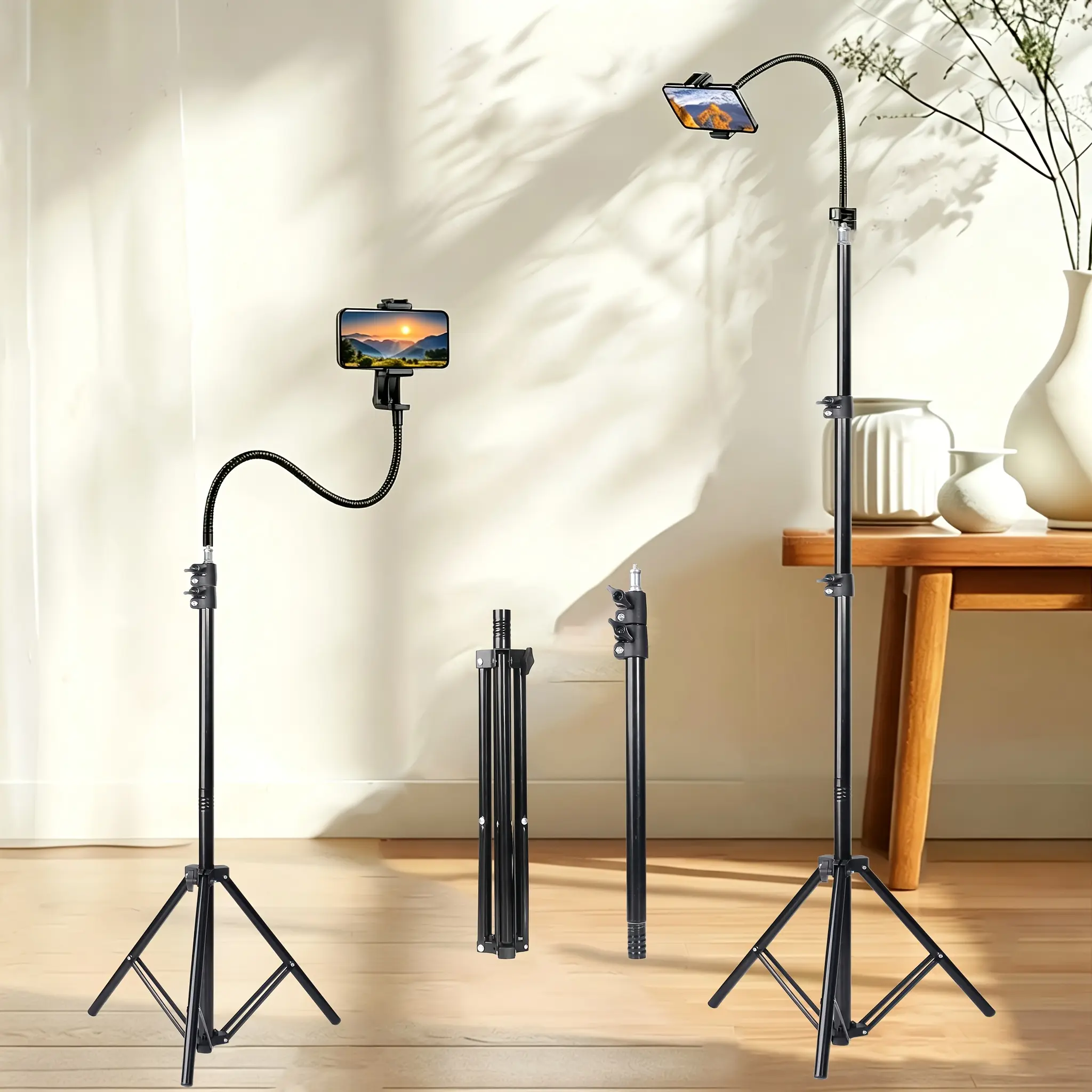 63-Inch Adjustable Aluminum Alloy Floor Tripod Stand with Gooseneck Hose, 360° Rotation Holder, Portable for Vlogging, Recording (Mobile Phone Accessories)#tiktokshopbacktoschool