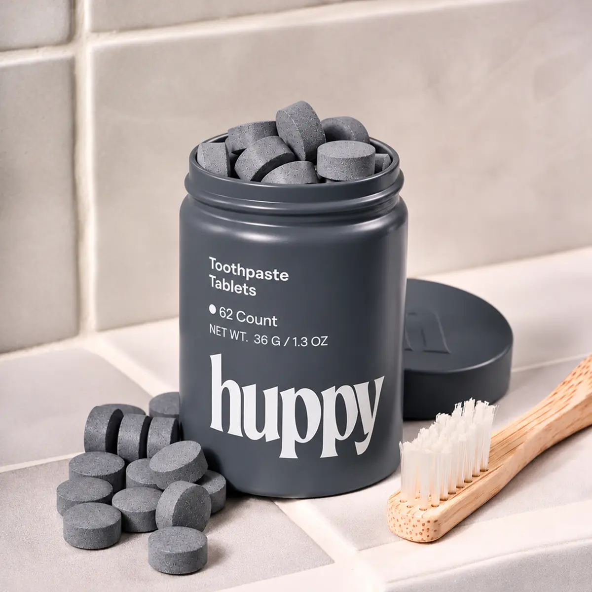 Huppy Charcoal + Mint Toothpaste Tablets, Fluoride Free, Plastic Free with 10% Hydroxyapatite, Whitening + Remineralizing, Deep Clean, Travel Friendly, Reusable Tin + 62 Tablets